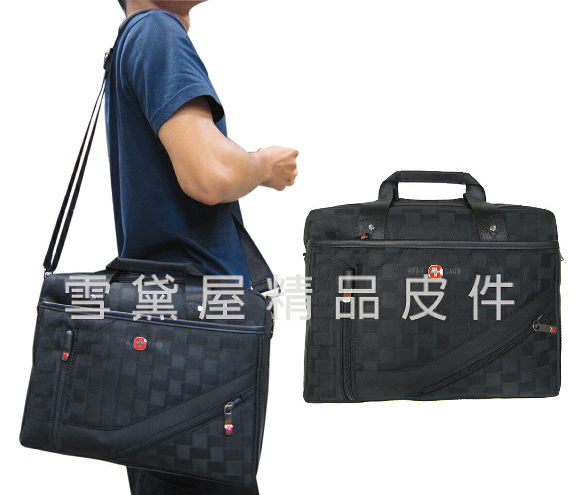 限時 滿3千賺10%點數↘ | ~雪黛屋~OVER LAND 檔案包中容量二層主袋可放14吋電腦A4資料夾防水尼龍布+皮革手提肩斜背附長背帶T5793