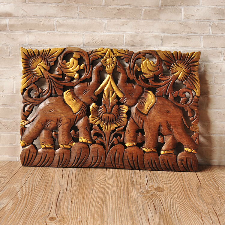 東南亞木雕柚木雕花板玄關背景墻吉祥雙象鏤空雕板掛板1入