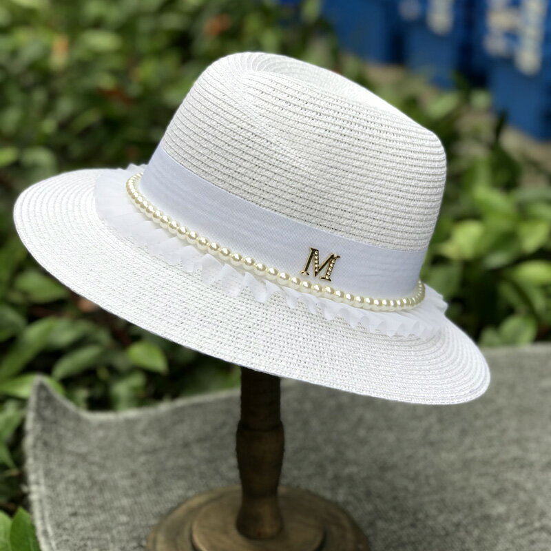 春夏水鉆新款優雅珍珠蕾絲草帽防曬女帽出游遮陽帽度假沙灘爵士帽1入