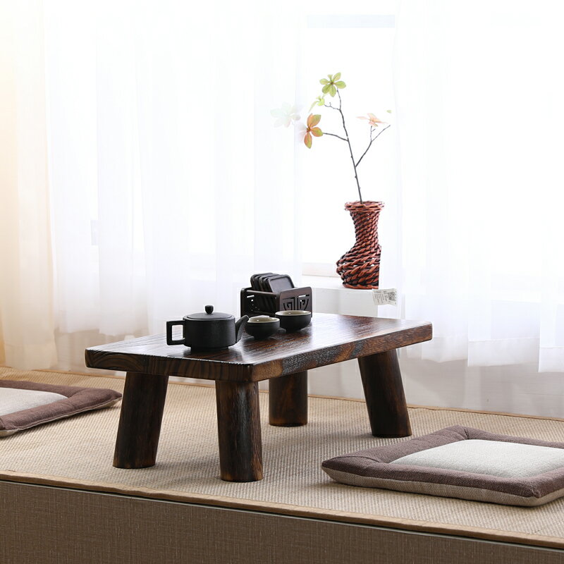 日式燒桐木飄窗桌子小茶幾簡約榻榻米矮桌子圓地桌炕幾實木小方桌【摩可美家】