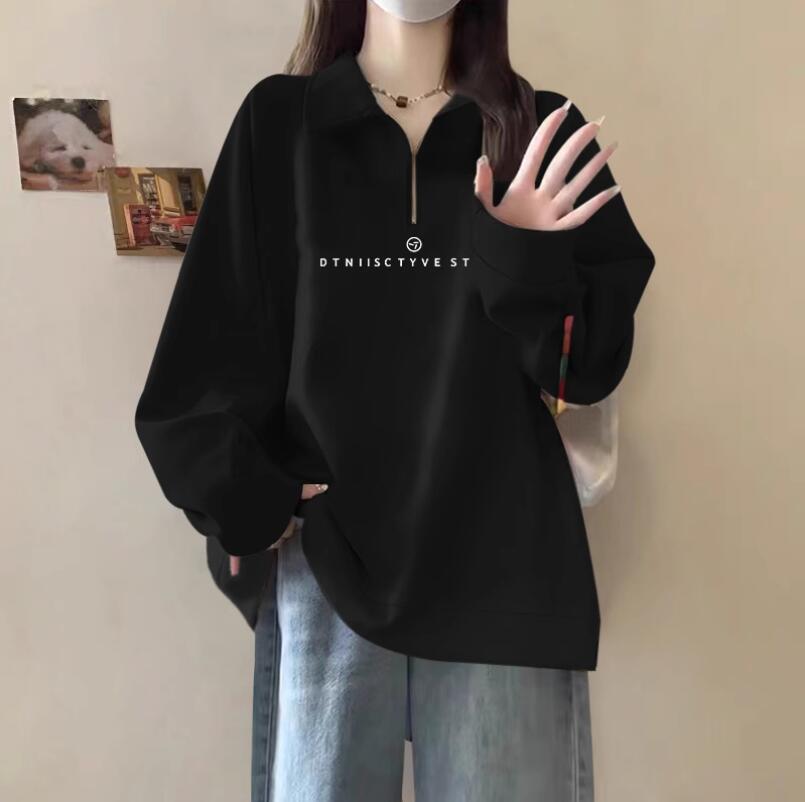 大學T外套加絨加厚polo領寬松流行字母印花半拉鏈衛衣女生【步行者戶外生活館】
