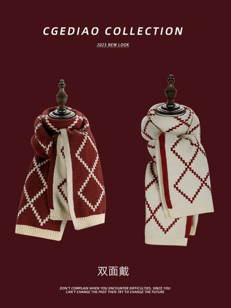 圣誕紅色圍巾女冬季新款新年禮物保暖學生高級感毛線針織圍脖