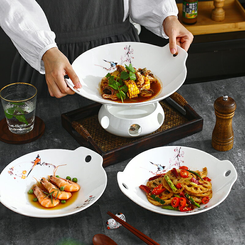 創意中國風保溫陶瓷盤雙耳菜盤子家用蠟燭加熱爐座明爐酒店餐具