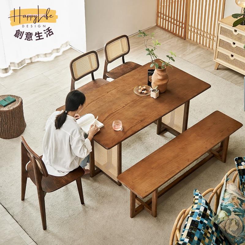 工廠直銷 日式餐桌 白蠟木桌子 藤編餐桌椅組合 現代復古簡約長凳椅子 胡桃色桌子 實木桌子新店開業 全館折扣 售後保障 優選/免運