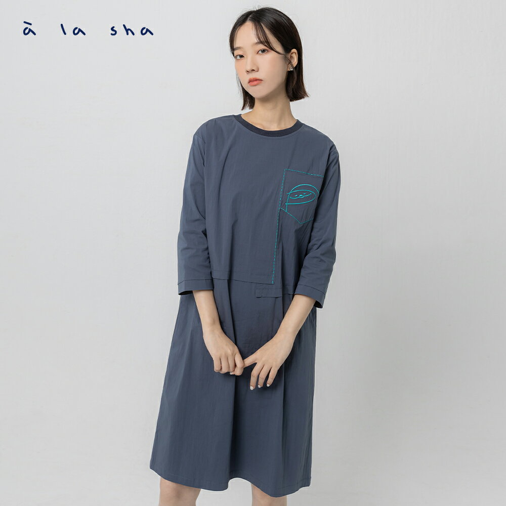 a la sha  抹茶圓領平織八分袖洋裝