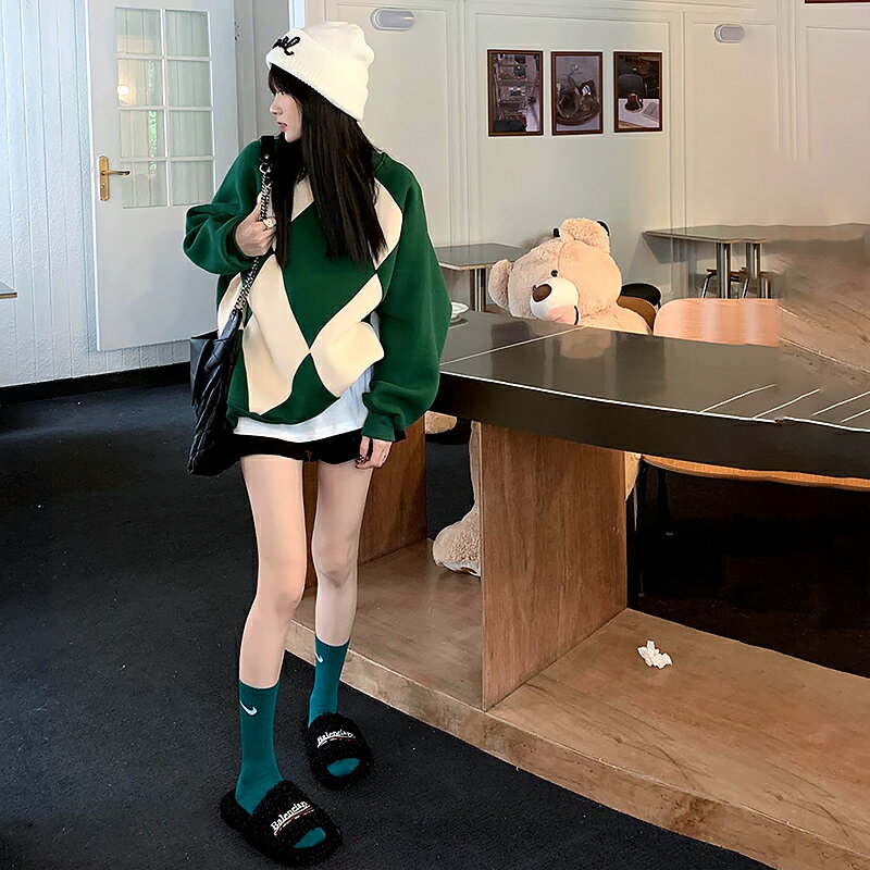 格子衛衣女春秋綠色美式復古無帽設計感小眾菱格秋冬長袖正肩上衣