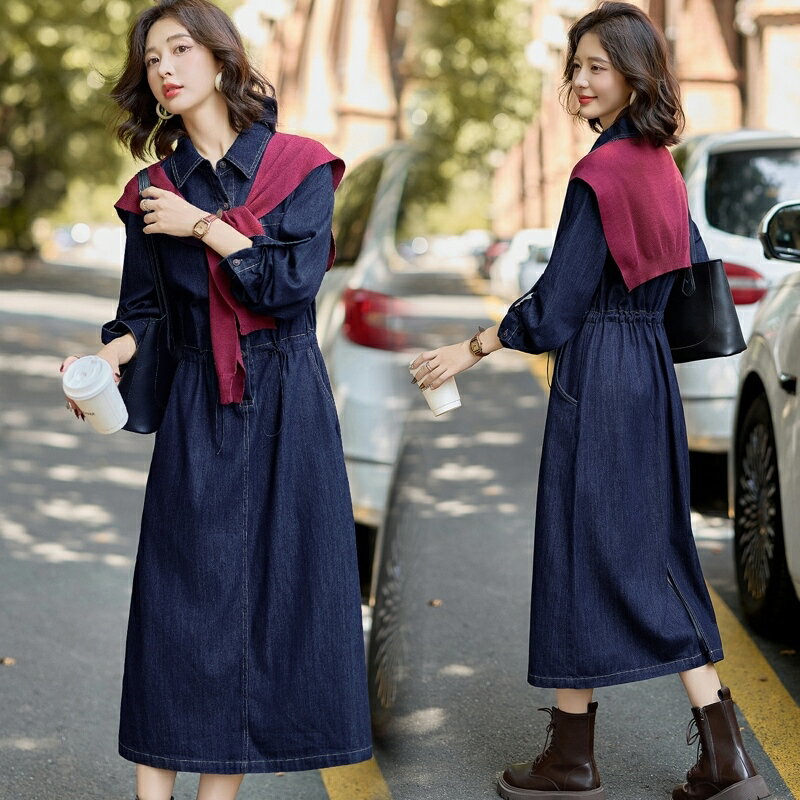 【巴黎精品】現貨+預購 韓風牛仔洋裝牛仔長裙丹寧套裝大碼休閒女裝-長袖披肩牛仔連身裙2色a1ln46