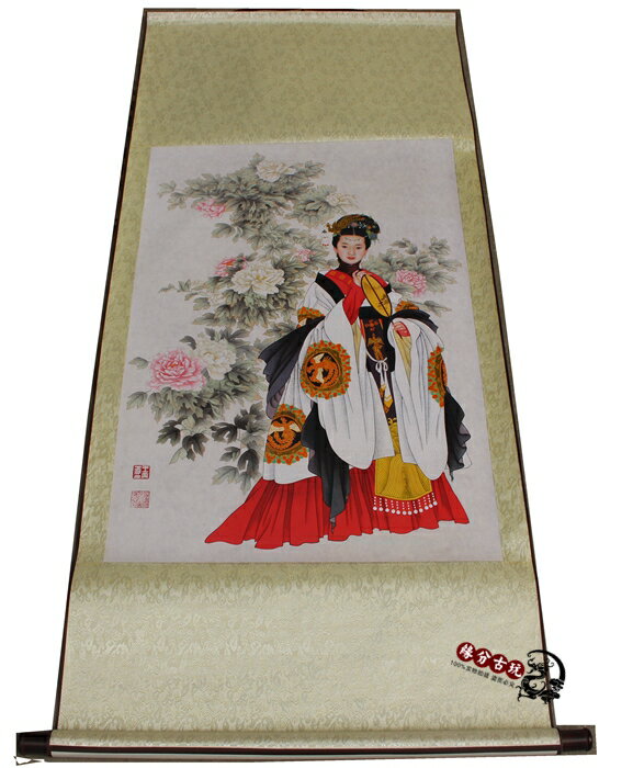 批發仿古字畫書法國畫山水畫客廳裝飾墻掛畫 中堂畫美女牡丹圖1入