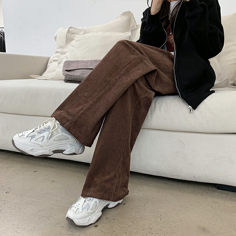 燈芯絨闊腿褲女高腰垂感春秋2021新款休閑寬松顯瘦卡扣直筒拖地褲