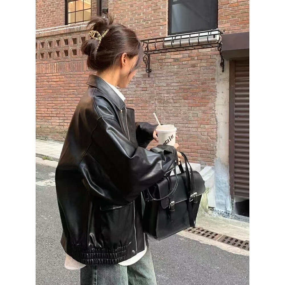 【臺灣出貨】新款美拉德秋季寬鬆美式復古機車夾克上衣女 機車外套 皮衣外套 港風棕色仿皮衣外套女
