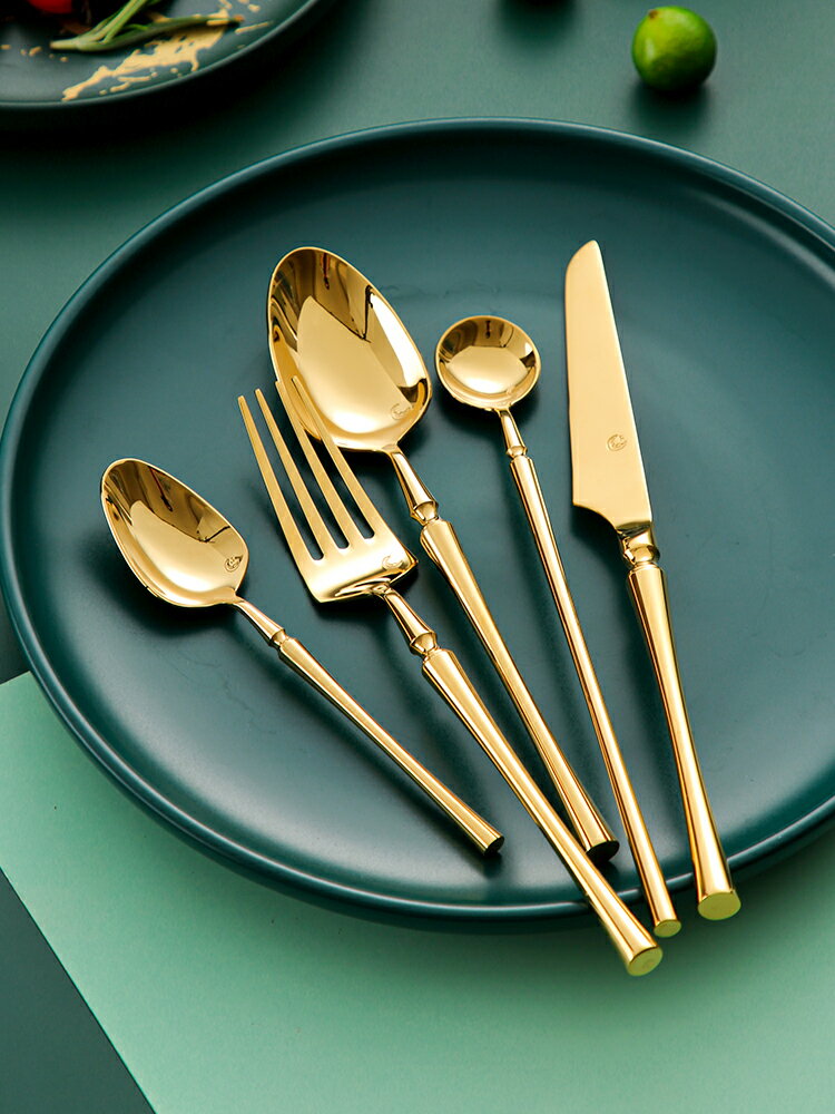 304不銹鋼刀叉套裝 西餐餐具 金色牛排刀叉勺三件套勺子