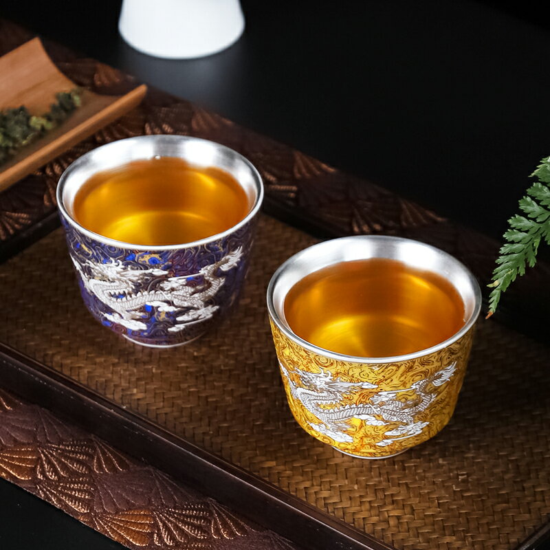 琺瑯彩純銀內壁鎏銀杯陶瓷茶杯功夫茶具主人杯立體浮雕茶盞單個杯