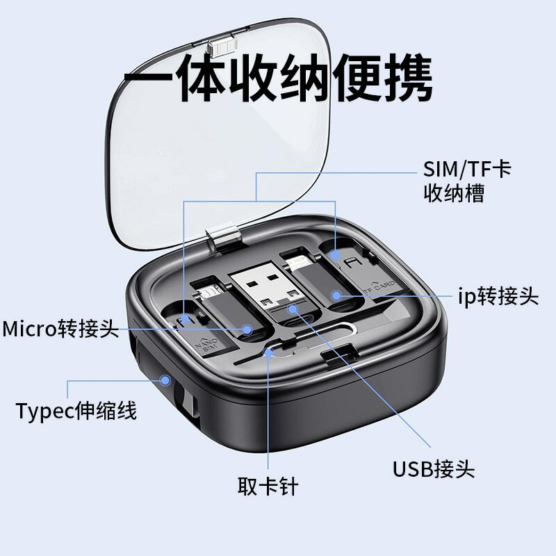 森帆多功能收納盒60W快充伸縮資料線tpyec配備IP安卓Micro轉接頭