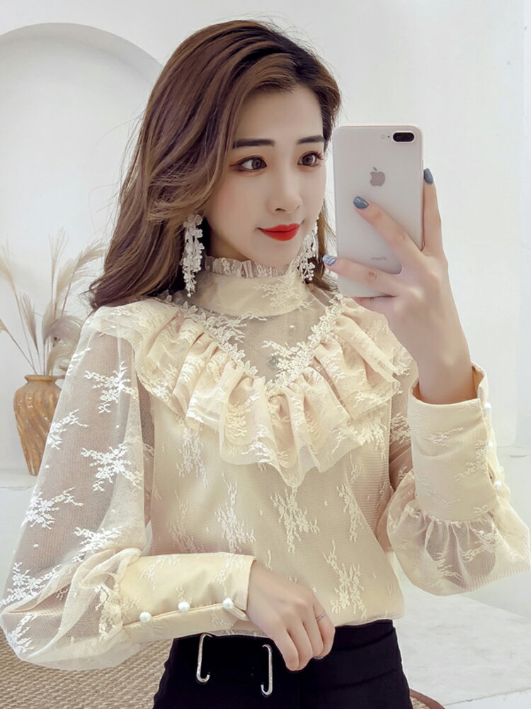 網紅襯衫女秋裝新款韓版時尚木耳邊襯衣修身燈籠袖蕾絲打底衫1入