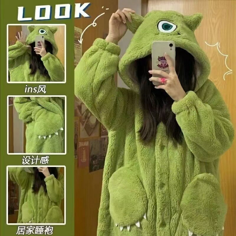 【臺灣出貨】秋冬季睡衣保暖睡袍甜美可愛卡通家居服網紅中長款 冬天家居睡袍女 珊瑚絨外穿睡袍
