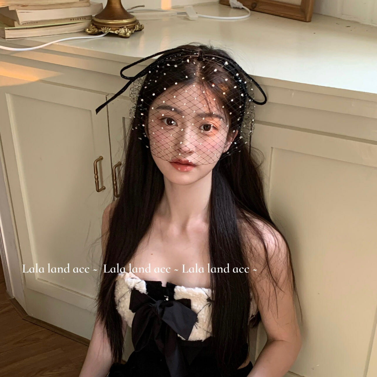 黑色法式復古新娘頭紗面紗遮臉網紗發箍設計感頭飾萬聖節拍照道具【淘夢屋】