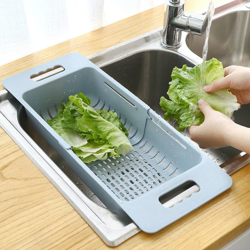 可伸縮洗菜盆淘菜盆瀝水籃長方形塑料水果盤家用廚房水槽洗碗收納
