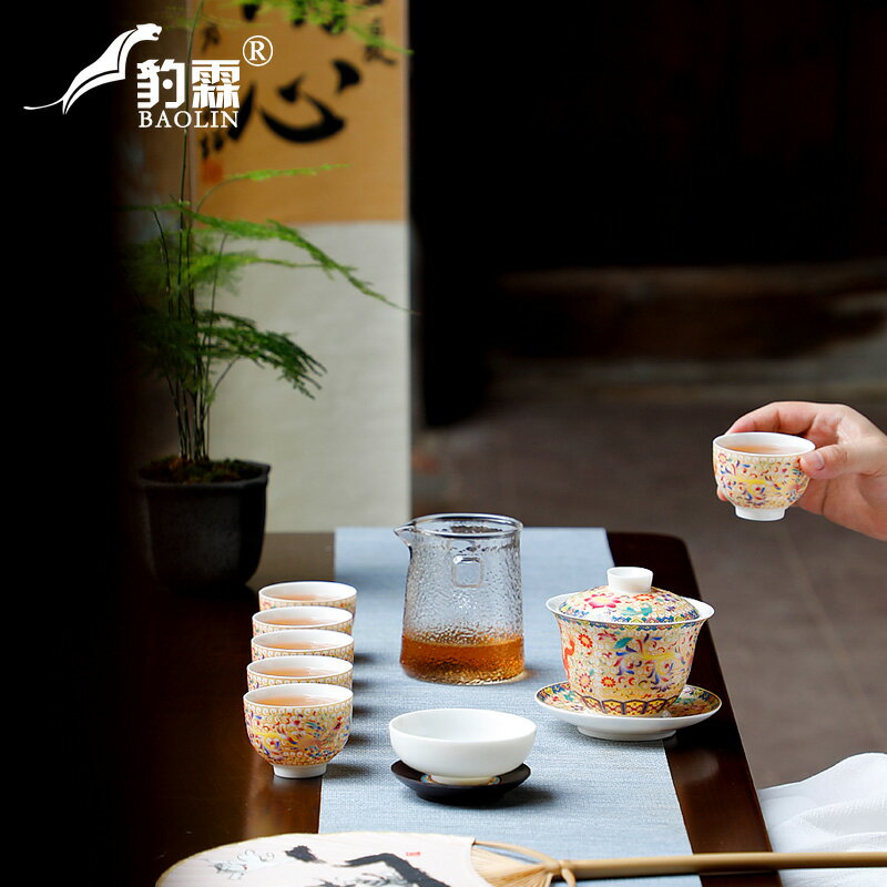 琺瑯彩功夫泡茶具套裝陶瓷家用品辦公室用高階青花瓷茶碗整套禮盒
