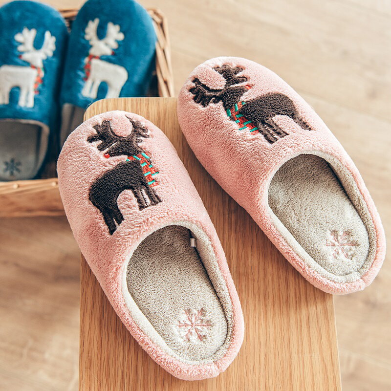 2018新款日式冬天冬季室內家用可愛卡通圣誕鹿成人男女情侶棉拖鞋