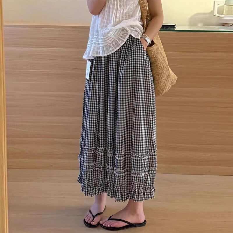 花邊格子闊腿褲女夏季薄款2026新款高腰寬松顯瘦九分燈籠休閑褲#Hi, 貼心優衣家居#