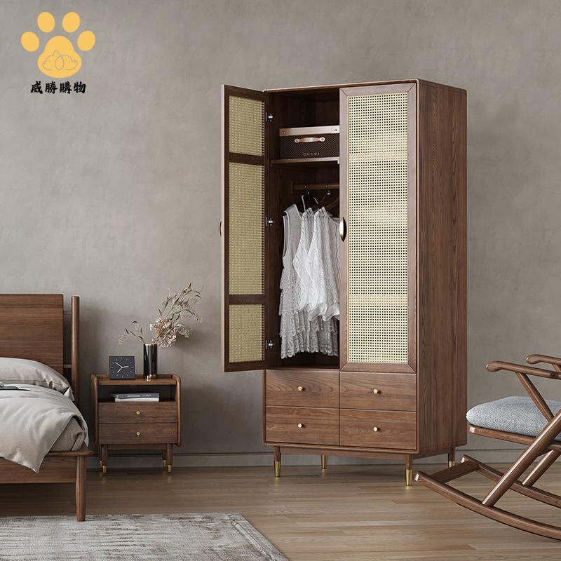 免運 可開發票!旺恒北歐實木 衣櫃  小戶型現代衣櫃 家用臥室儲物衣櫥藤編兩門衣櫃WW927