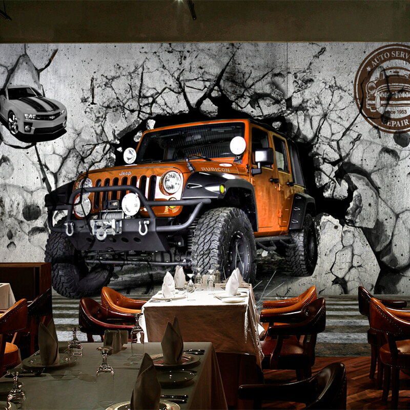 飯店咖啡廳背景墻紙餐廳奶茶店個性復古壁紙3d立體汽車工業風壁畫