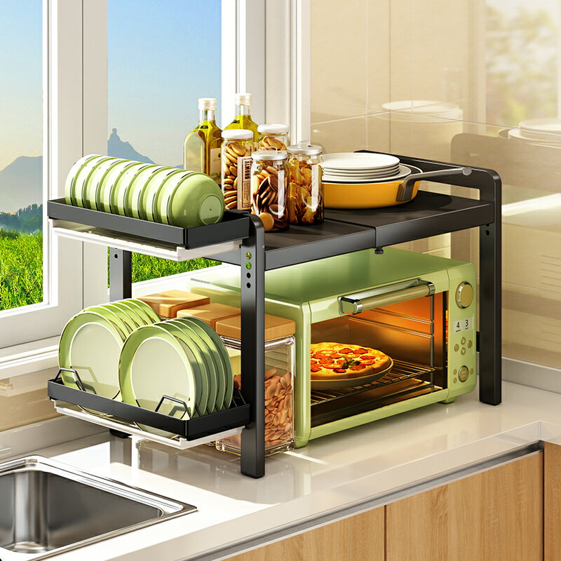可伸縮廚房置物架微波爐烤箱架子家用臺面碗碟電飯煲收納支架