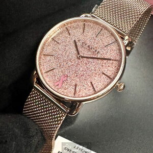 COACH手錶,編號CH00201,36mm玫瑰金圓形精鋼錶殼,粉紅碎鑽簡約, 中二針顯示錶面,玫瑰金色米蘭錶帶款,粉碎鑽限量款