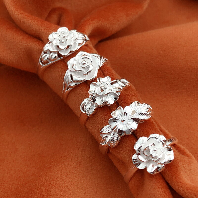 冷淡風999純銀戒指女時尚個性小眾設計可調節開口戒玫瑰花朵輕奢