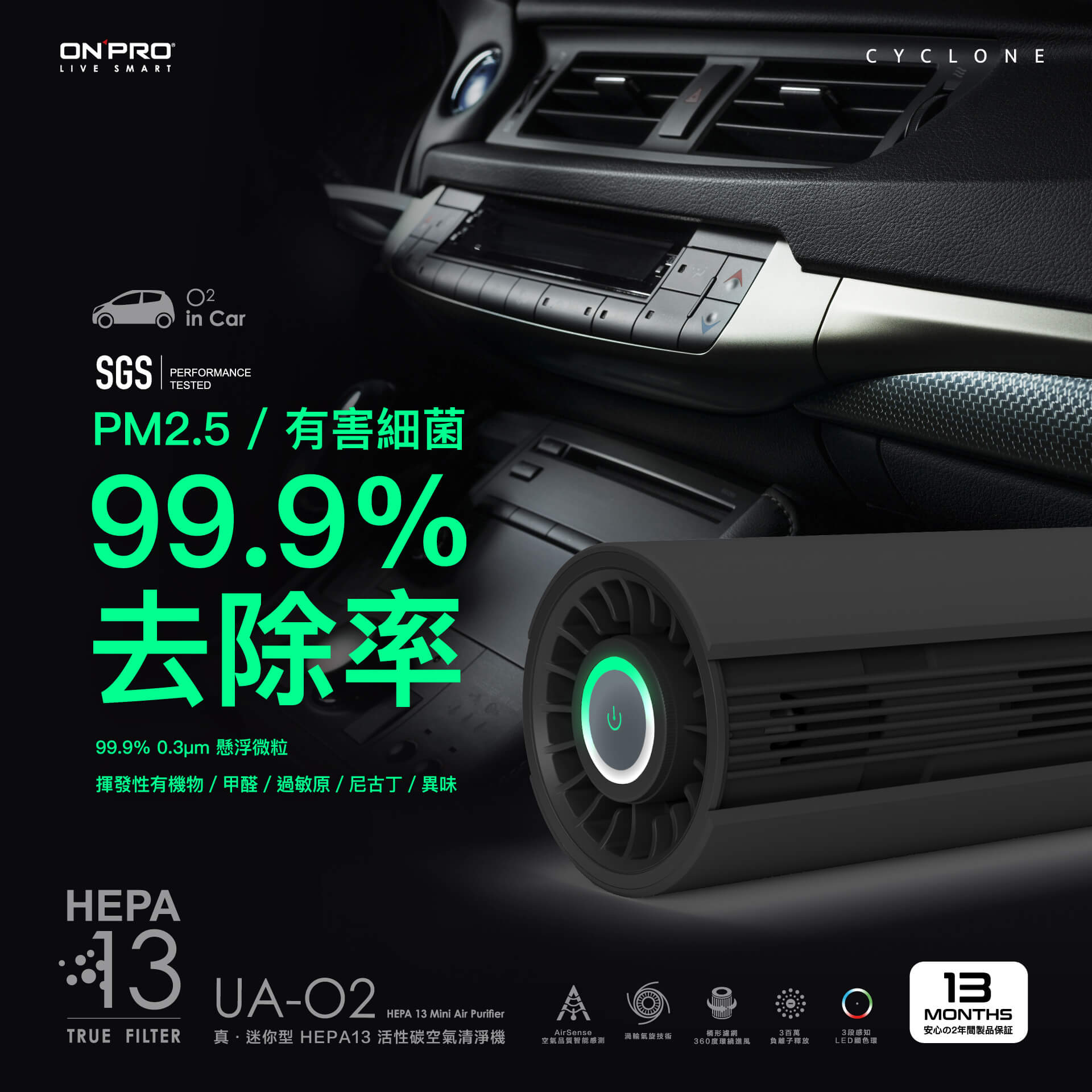 ONPRO UA-O2 活性碳 HEPA13 迷你 隨身 空氣清淨機 車用清淨機 PM2.5 原廠保固13個月 6