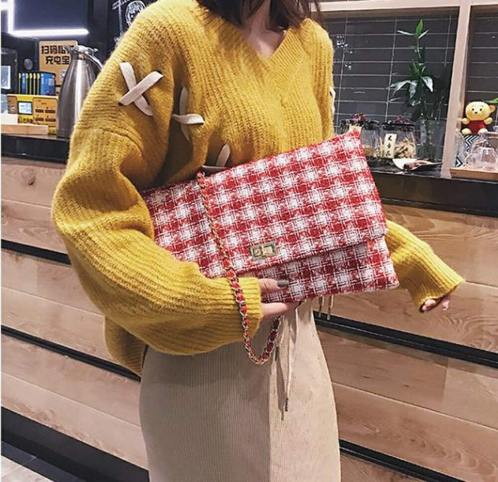 手拿包 大包包女潮韓版時尚休閒百搭格子鏈條單肩手拿包 瑪麗蘇
