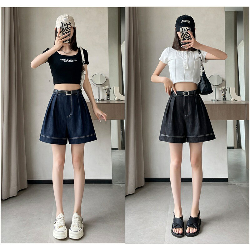 現貨+預購 女高腰牛仔短褲休閒寬褲顯瘦薄款寬鬆直筒褲丹寧休閒A字短褲-牛仔短褲2色74ls43【獨家進口】【米蘭精品】