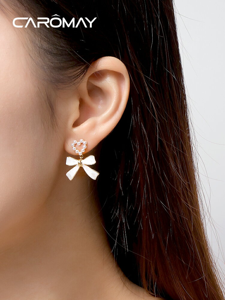 CAROMAY浪漫愛心蝴蝶結耳環女氣質小眾設計高級感925銀針耳釘耳飾