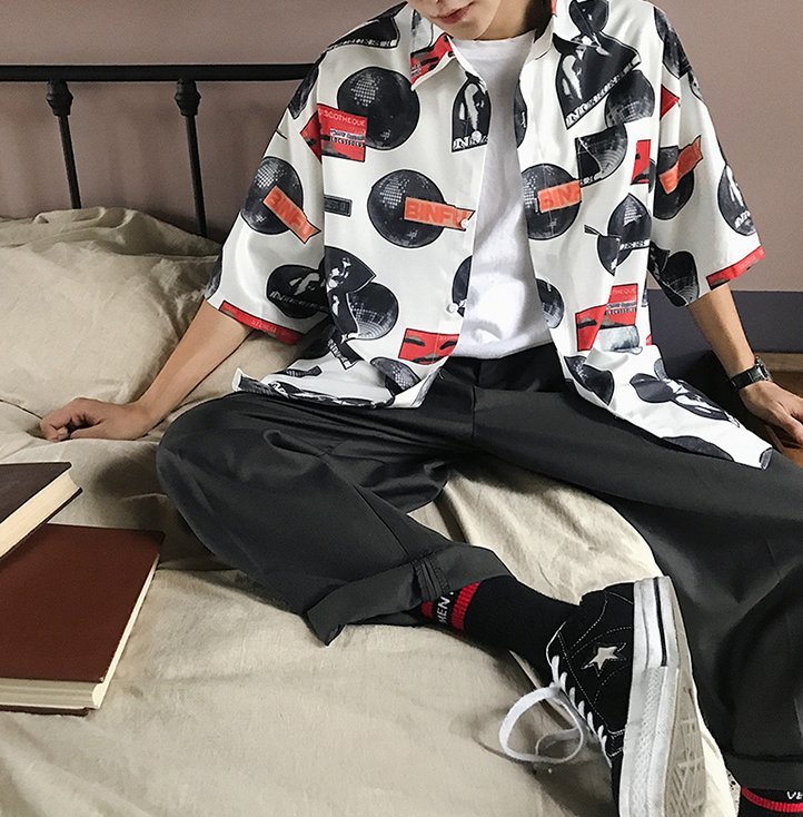FINDSENSE H1 2018 夏季 薄款 新款 男 日本 嘻哈 復古印花 花襯衫 簡約 寬鬆短袖襯衫 休閒 潮上衣