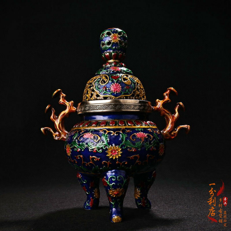 純銅景泰藍薰香爐擺件三足花卉纏枝靈芝耳烤藍銅爐居家香薰爐擺設