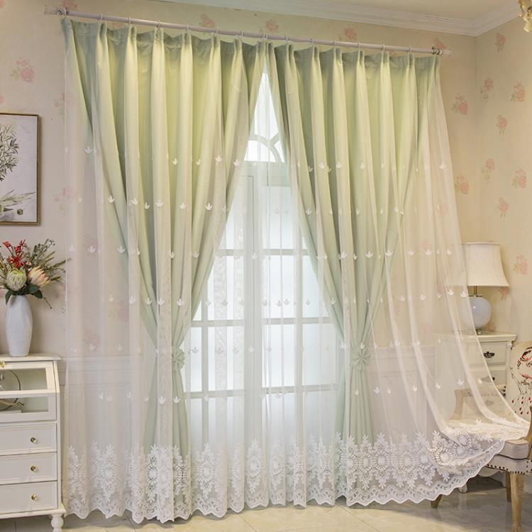 窗簾遮光布紗一體雙層飄窗客廳臥室純色田園簡約現代繡花紗簾新款