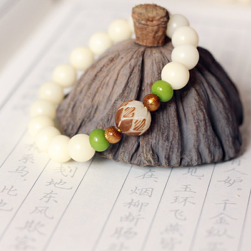菩提渡原創 天然白玉菩提根手串單圈 菩提蓮花金海柳清新可愛情侶1入