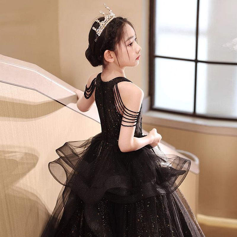 女童晚禮服高階輕奢小眾生日公主裙黑色兒童主持人鋼琴演奏演出服