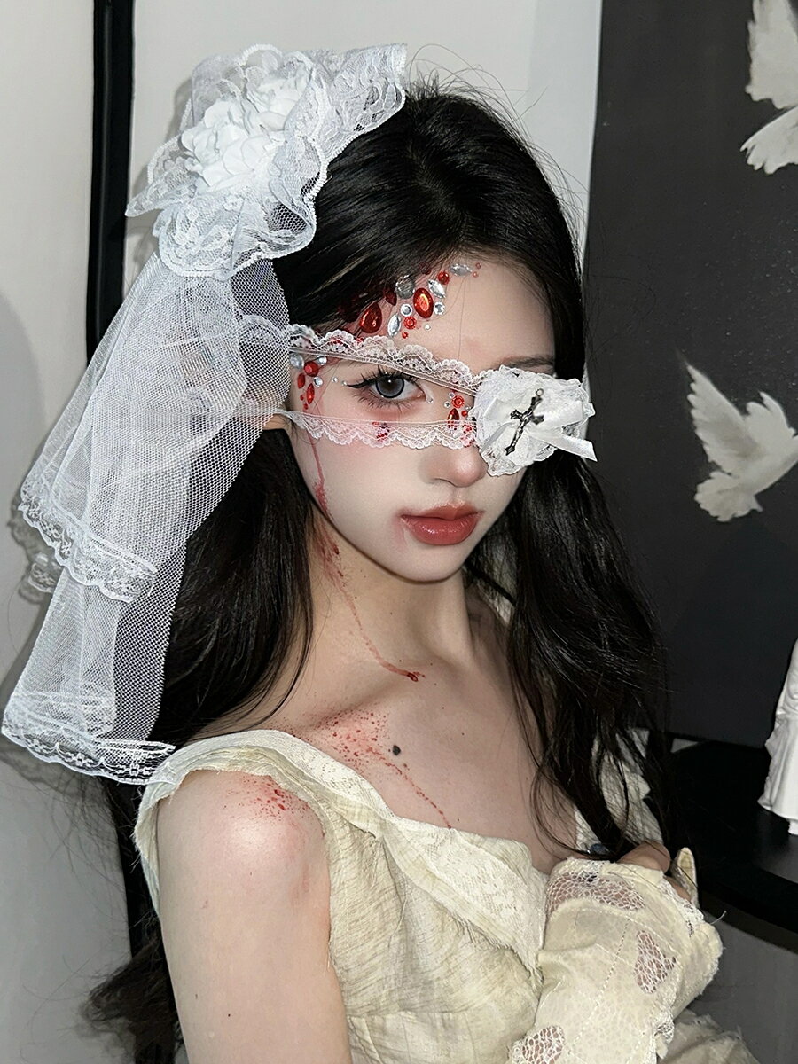 萬聖節cos鬼新娘裝扮發飾白色蕾絲頭紗發夾暗黑風網紗花朵頭飾女【淘夢屋】