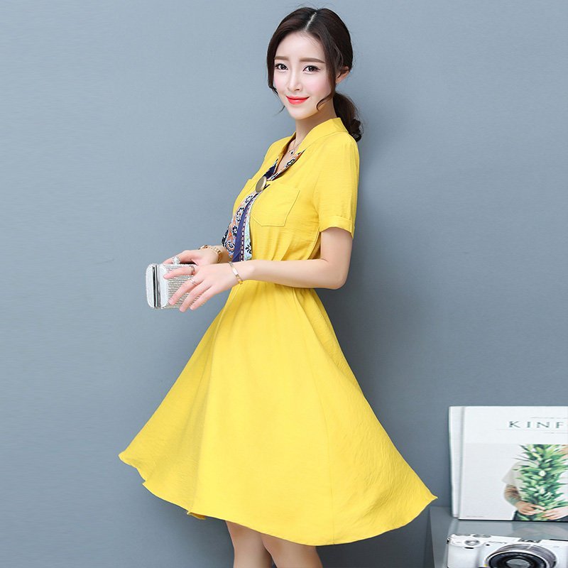 FINDSENSE G5 韓國時尚 夏季 修身 顯瘦 中長款 棉麻 透氣 短袖 收腰 連身裙