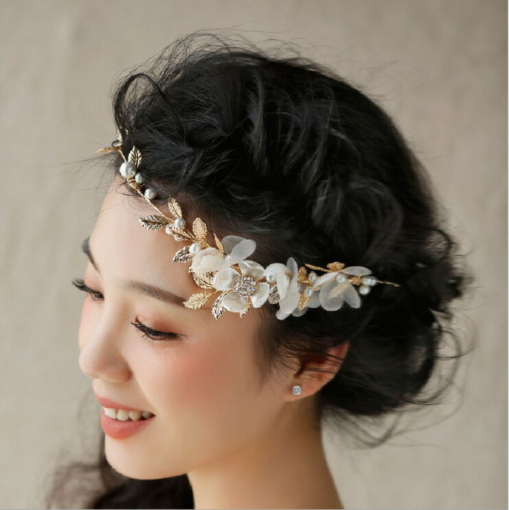 發飾新娘頭飾手工制作飾品花朵珍珠發帶頭花結婚配飾盤發額鏈1入