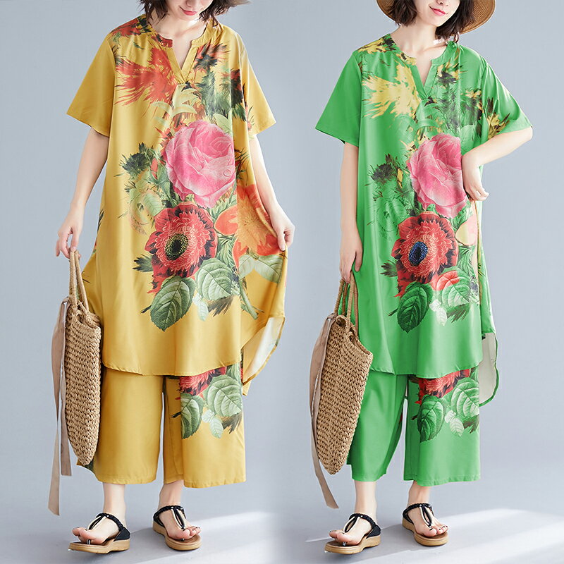 夏季新款民族風大碼女裝寬松休閑雪紡印花連衣裙松緊腰闊腿褲1入