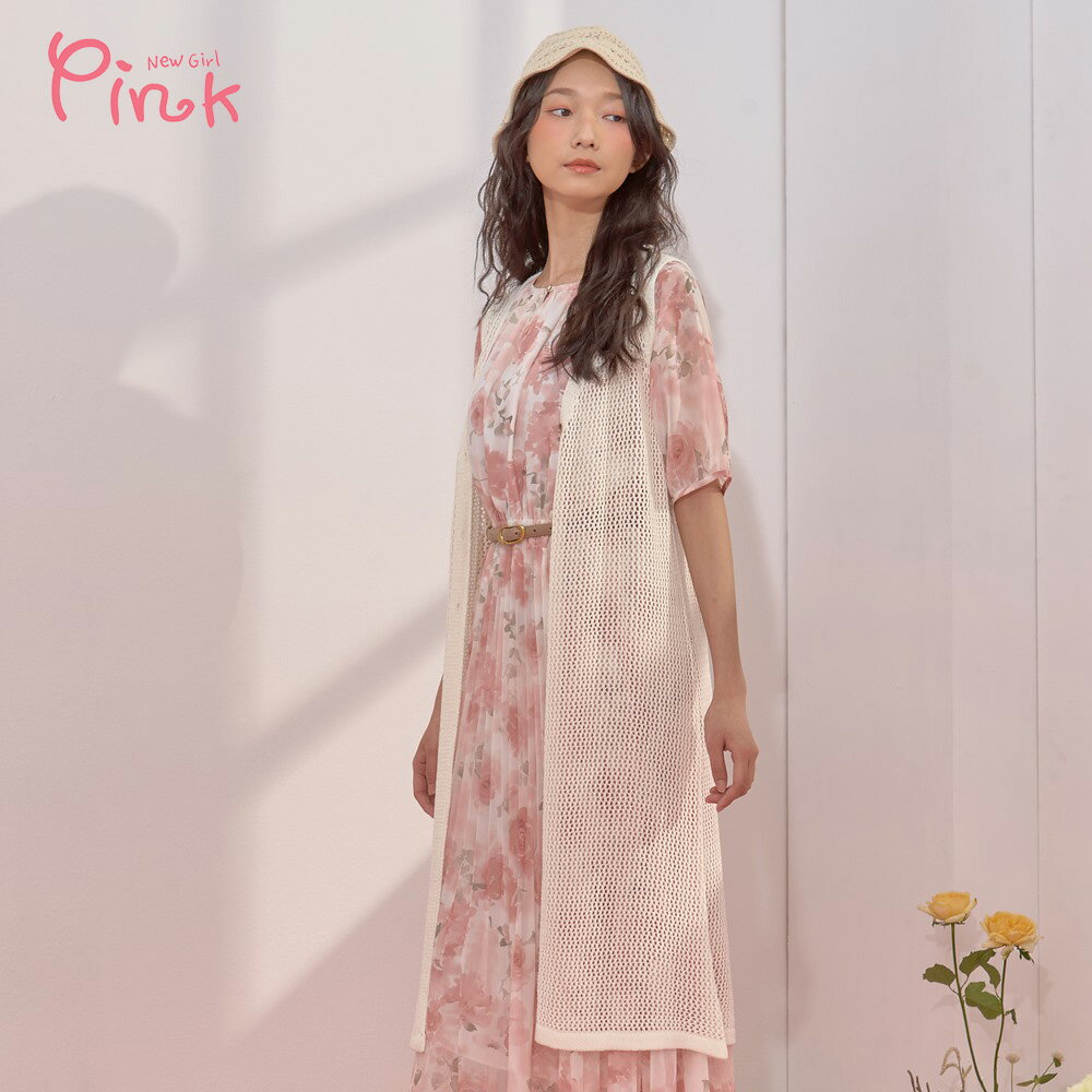 Pink*長版鏤空無袖開襟背心 Y1404BD