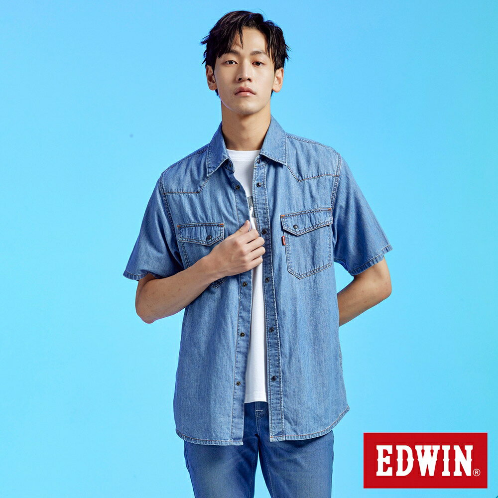EDWIN 經典短袖牛仔襯衫-男款 石洗藍 0