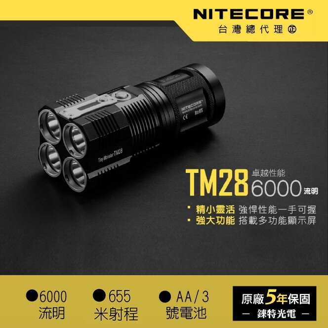 【錸特光電】NITECORE TM28 6000流明 可吃平頭電池 射程655米 小怪獸 XHP35*4 18650*4