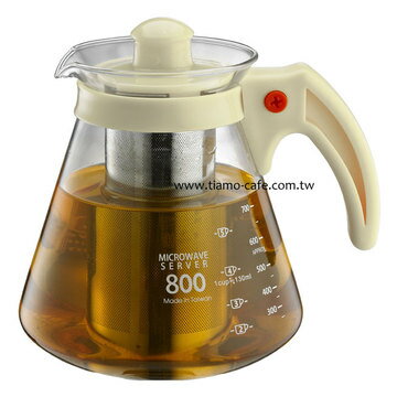 金時代書香咖啡 Tiamo 不鏽鋼濾網 玻璃花茶壺 800cc 白色 HG2217W