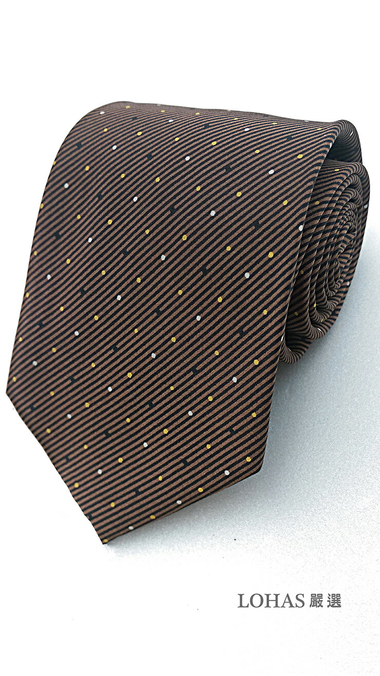 領帶_褐色細黑紋黃白點時尚手打領帶