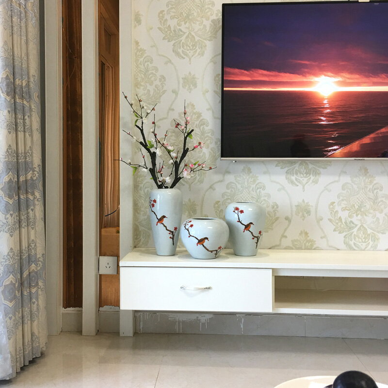 景德鎮陶瓷手工手繪干花花瓶三件套客廳電視柜酒柜家居裝飾品擺件