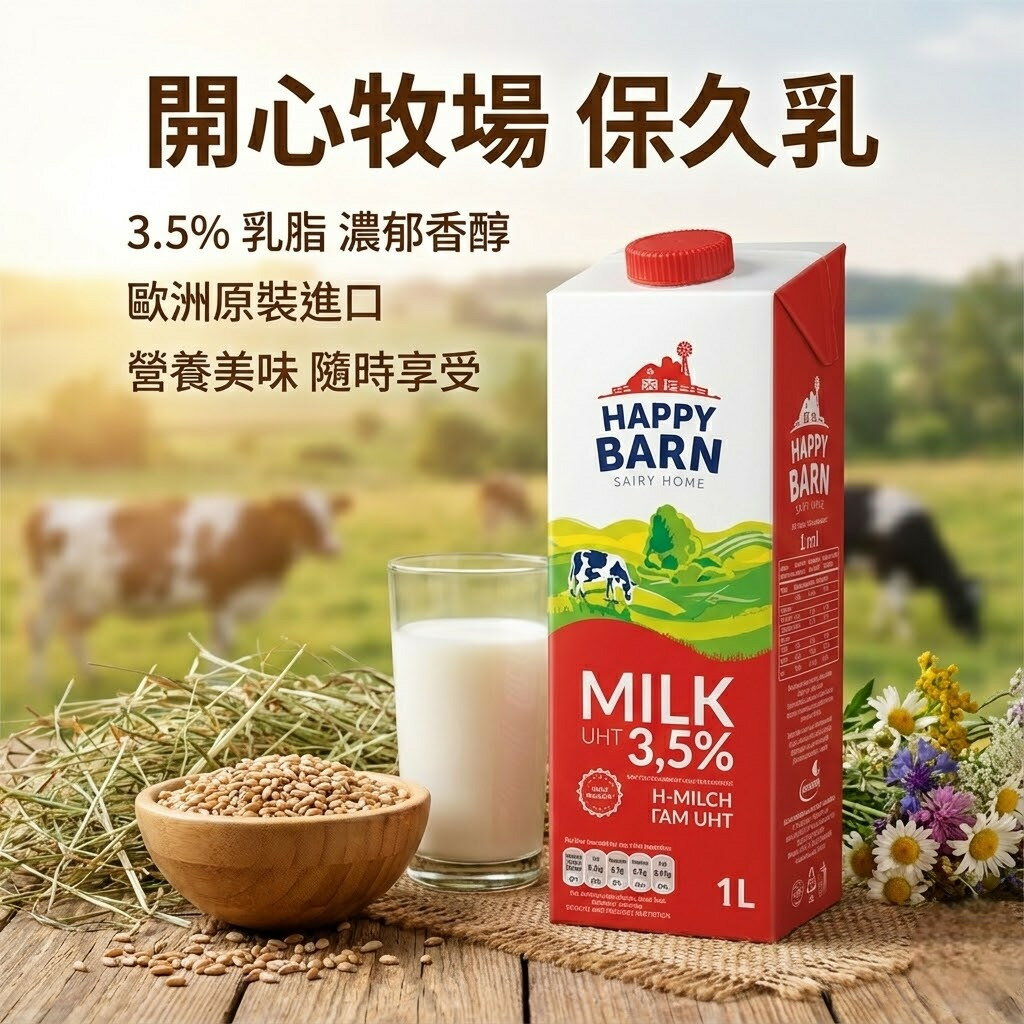 【KKM營養屋】免運 波蘭 開心牧場 happy barn 特級保久乳1L/瓶 12入  歐洲 進口 牛乳 保久乳 牛奶