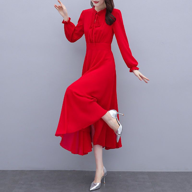 大尺碼洋裝 紅色雪紡連衣裙女長袖新款2023春夏大碼長款氣質收腰飄逸大擺長裙-快速出貨